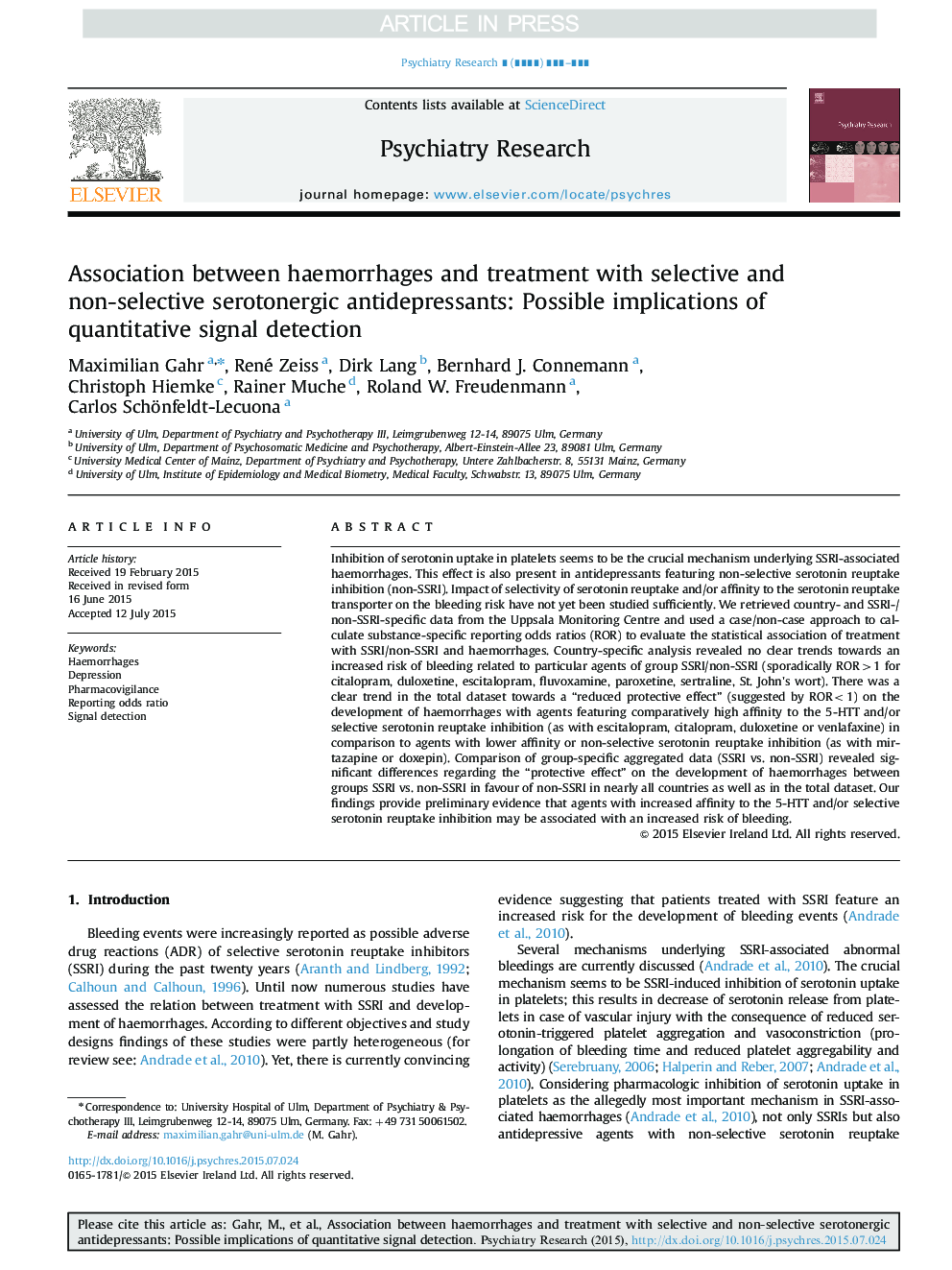 Association between haemorrhages and treatment with selective and non-selective serotonergic antidepressants: Possible implications of quantitative signal detection