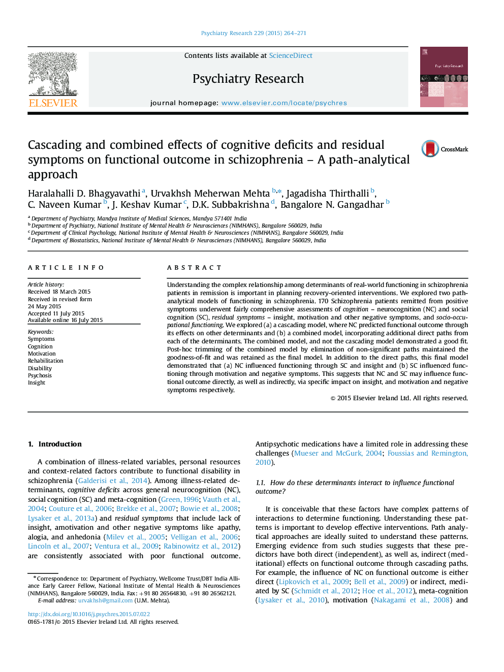 Cascading and combined effects of cognitive deficits and residual symptoms on functional outcome in schizophrenia - A path-analytical approach