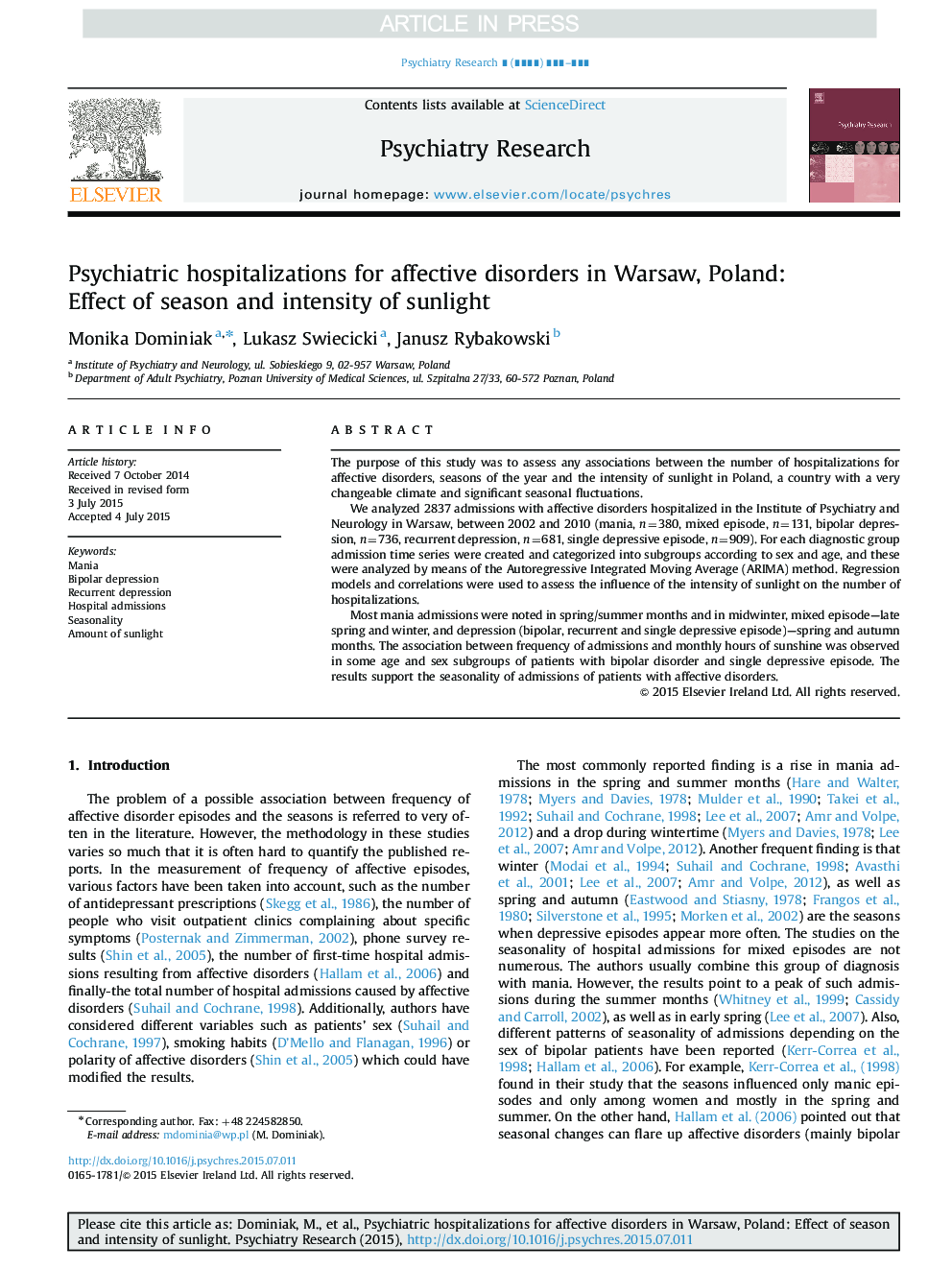 Psychiatric hospitalizations for affective disorders in Warsaw, Poland: Effect of season and intensity of sunlight