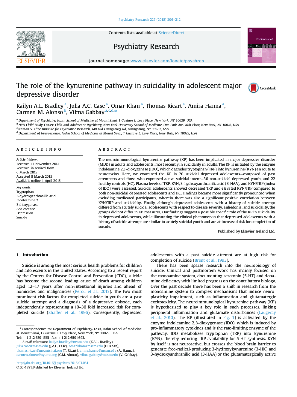 The role of the kynurenine pathway in suicidality in adolescent major depressive disorder