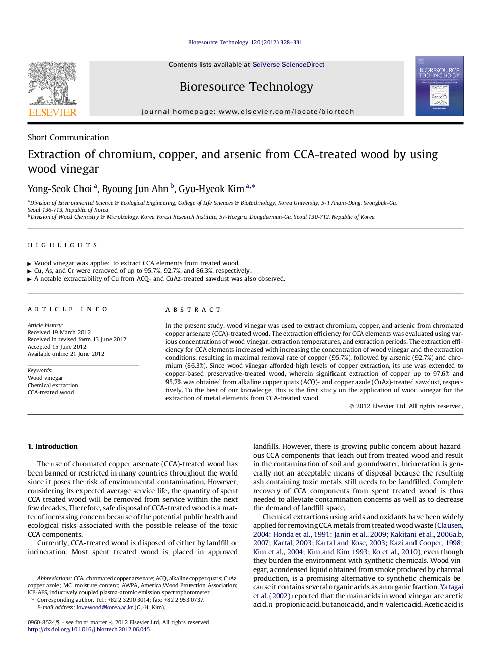 Extraction of chromium, copper, and arsenic from CCA-treated wood by using wood vinegar