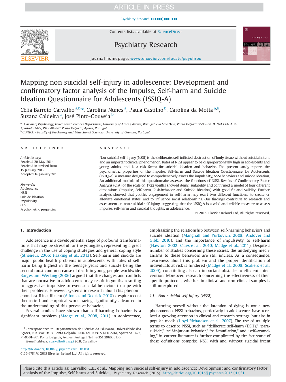 Mapping non suicidal self-injury in adolescence: Development and confirmatory factor analysis of the Impulse, Self-harm and Suicide Ideation Questionnaire for Adolescents (ISSIQ-A)