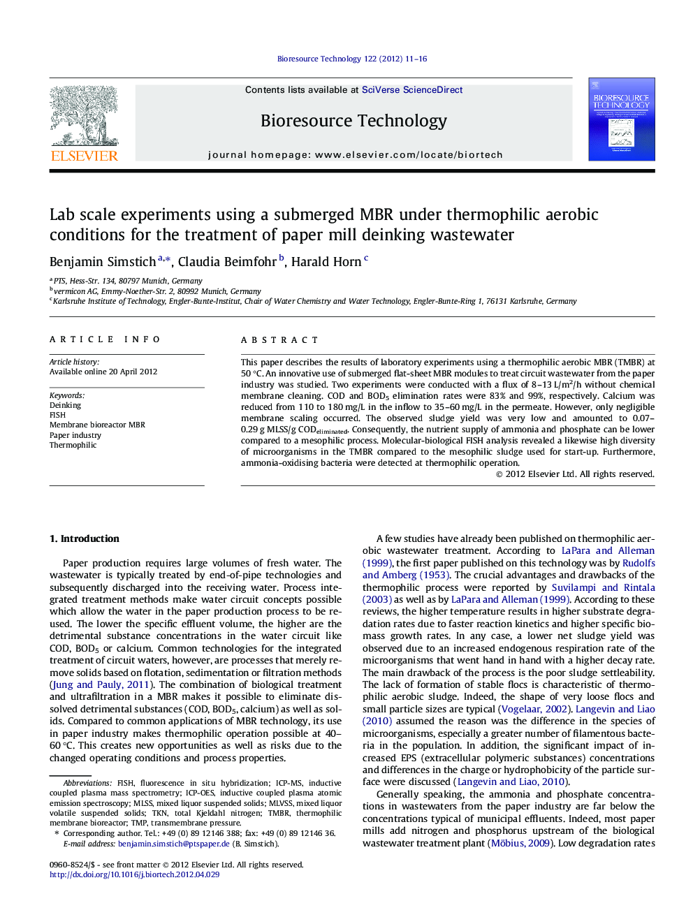 Lab scale experiments using a submerged MBR under thermophilic aerobic conditions for the treatment of paper mill deinking wastewater