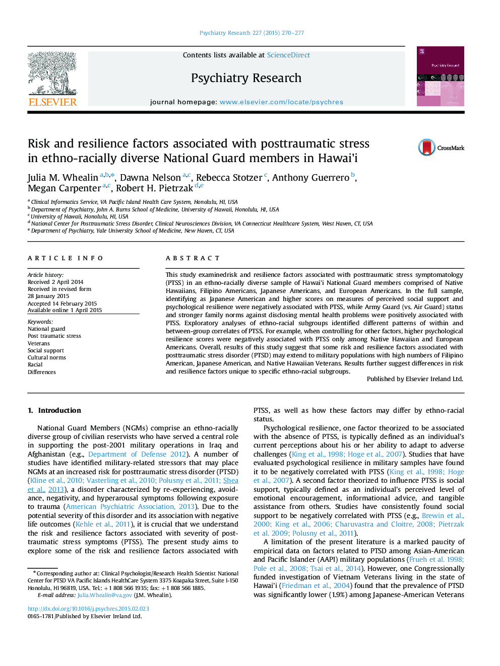 Risk and resilience factors associated with posttraumatic stress in ethno-racially diverse National Guard members in Hawai×³i