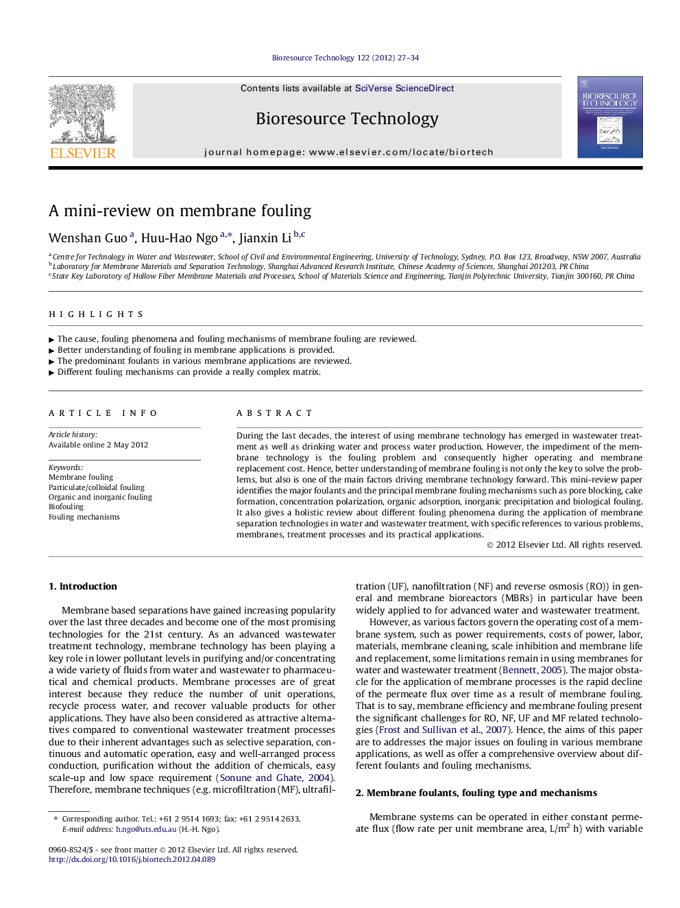 A mini-review on membrane fouling