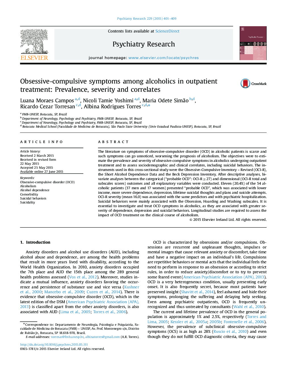 Obsessive-compulsive symptoms among alcoholics in outpatient treatment: Prevalence, severity and correlates