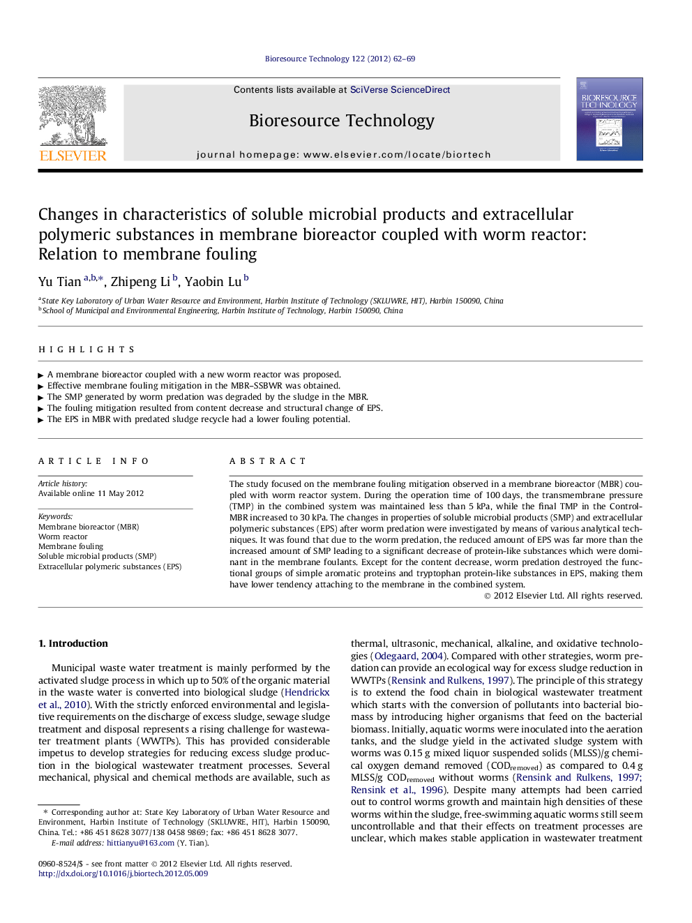 Changes in characteristics of soluble microbial products and extracellular polymeric substances in membrane bioreactor coupled with worm reactor: Relation to membrane fouling