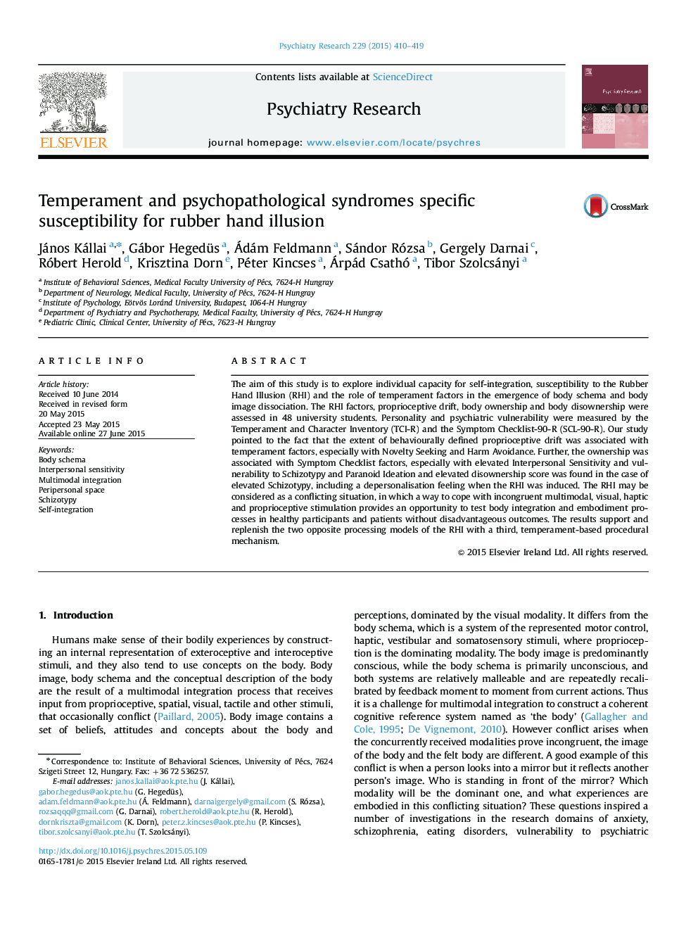 Temperament and psychopathological syndromes specific susceptibility for rubber hand illusion