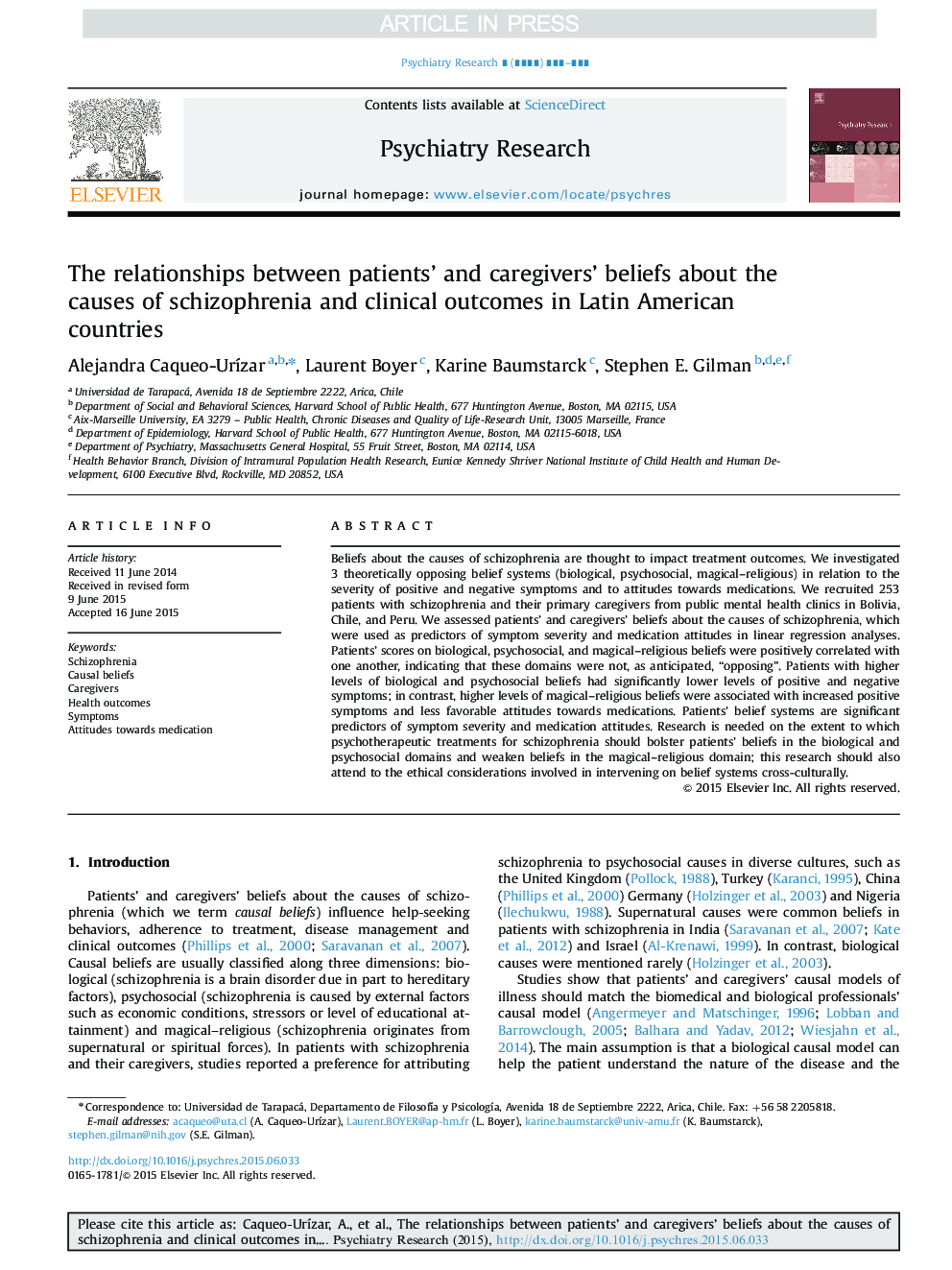 The relationships between patients' and caregivers' beliefs about the causes of schizophrenia and clinical outcomes in Latin American countries