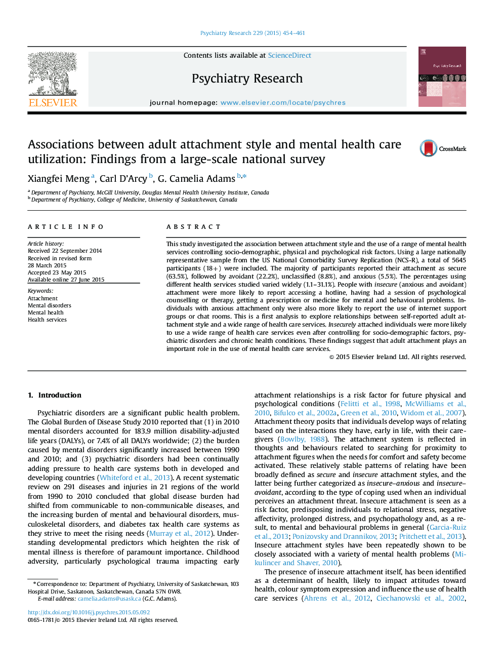 Associations between adult attachment style and mental health care utilization: Findings from a large-scale national survey