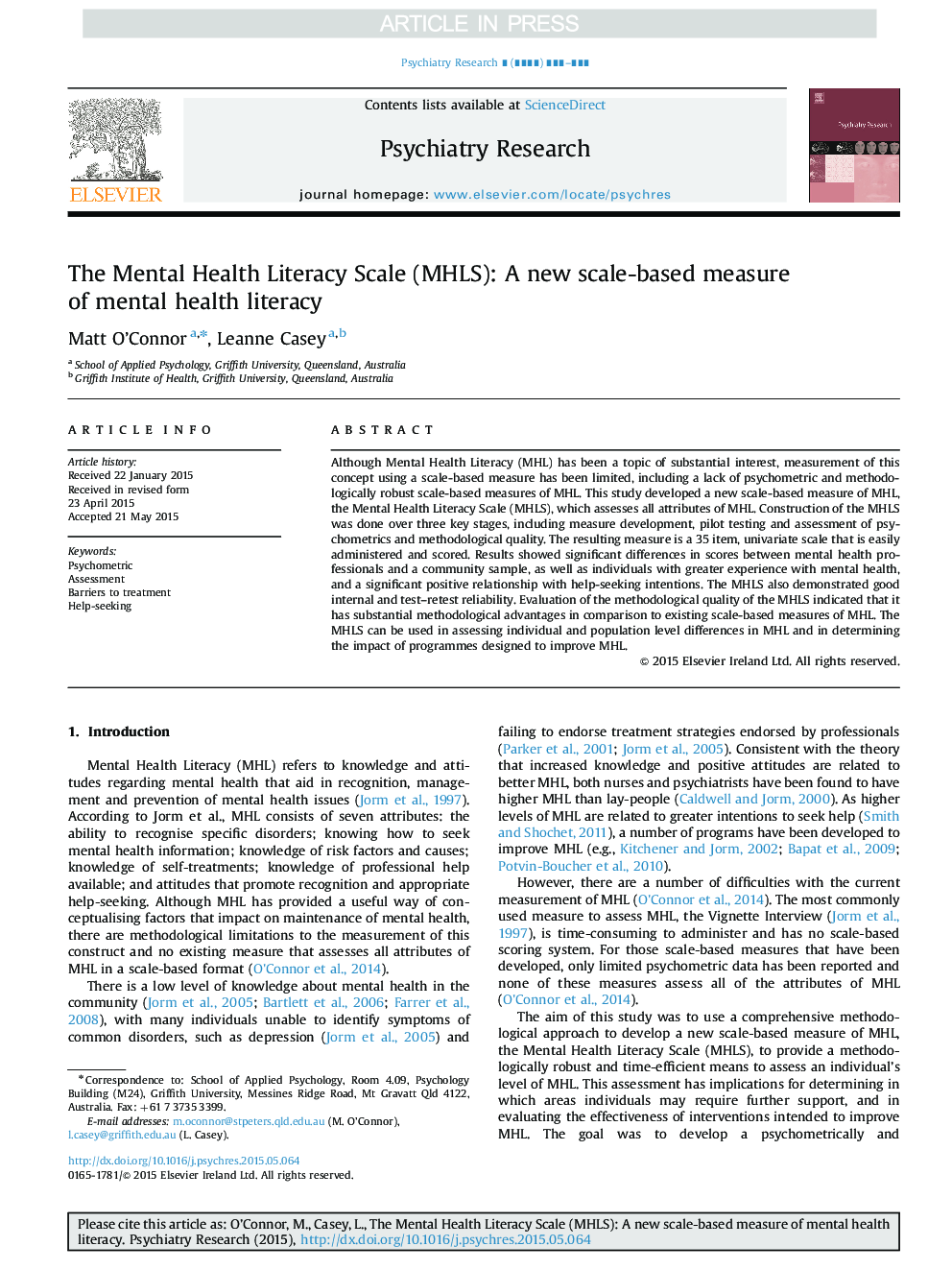 The Mental Health Literacy Scale (MHLS): A new scale-based measure of mental health literacy