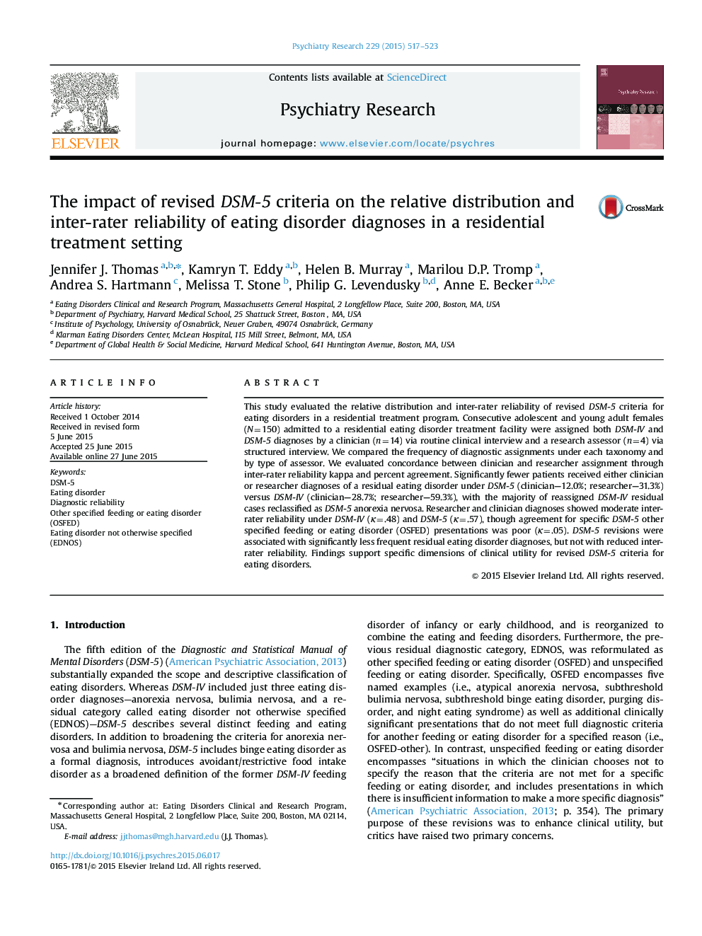 The impact of revised DSM-5 criteria on the relative distribution and inter-rater reliability of eating disorder diagnoses in a residential treatment setting