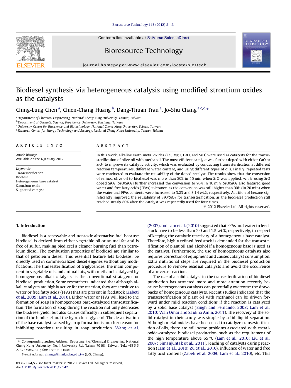 Biodiesel synthesis via heterogeneous catalysis using modified strontium oxides as the catalysts