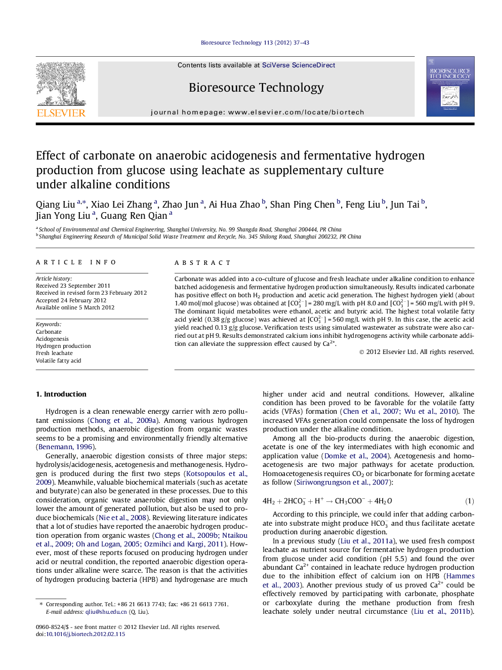 Effect of carbonate on anaerobic acidogenesis and fermentative hydrogen production from glucose using leachate as supplementary culture under alkaline conditions