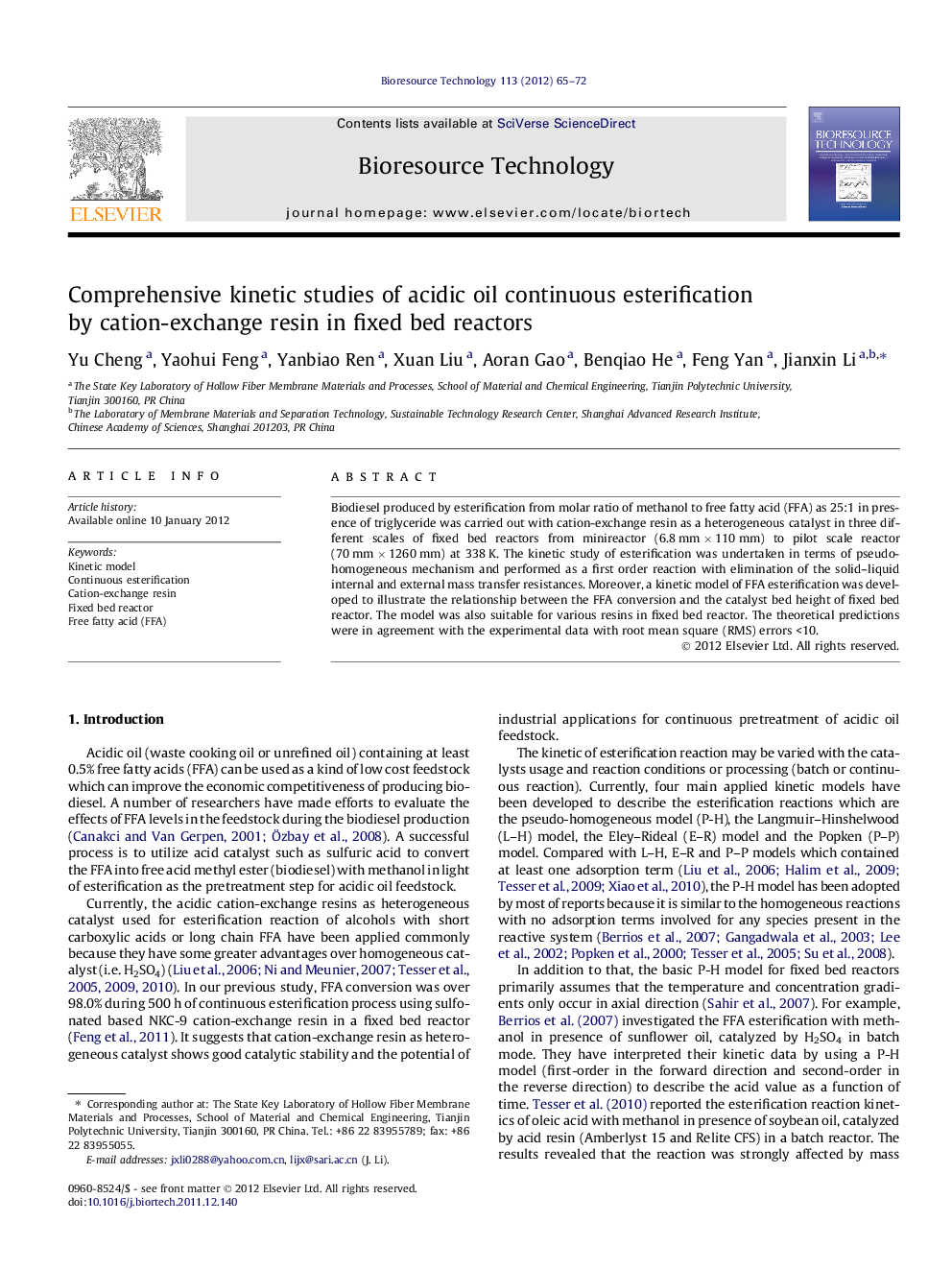 Comprehensive kinetic studies of acidic oil continuous esterification by cation-exchange resin in fixed bed reactors