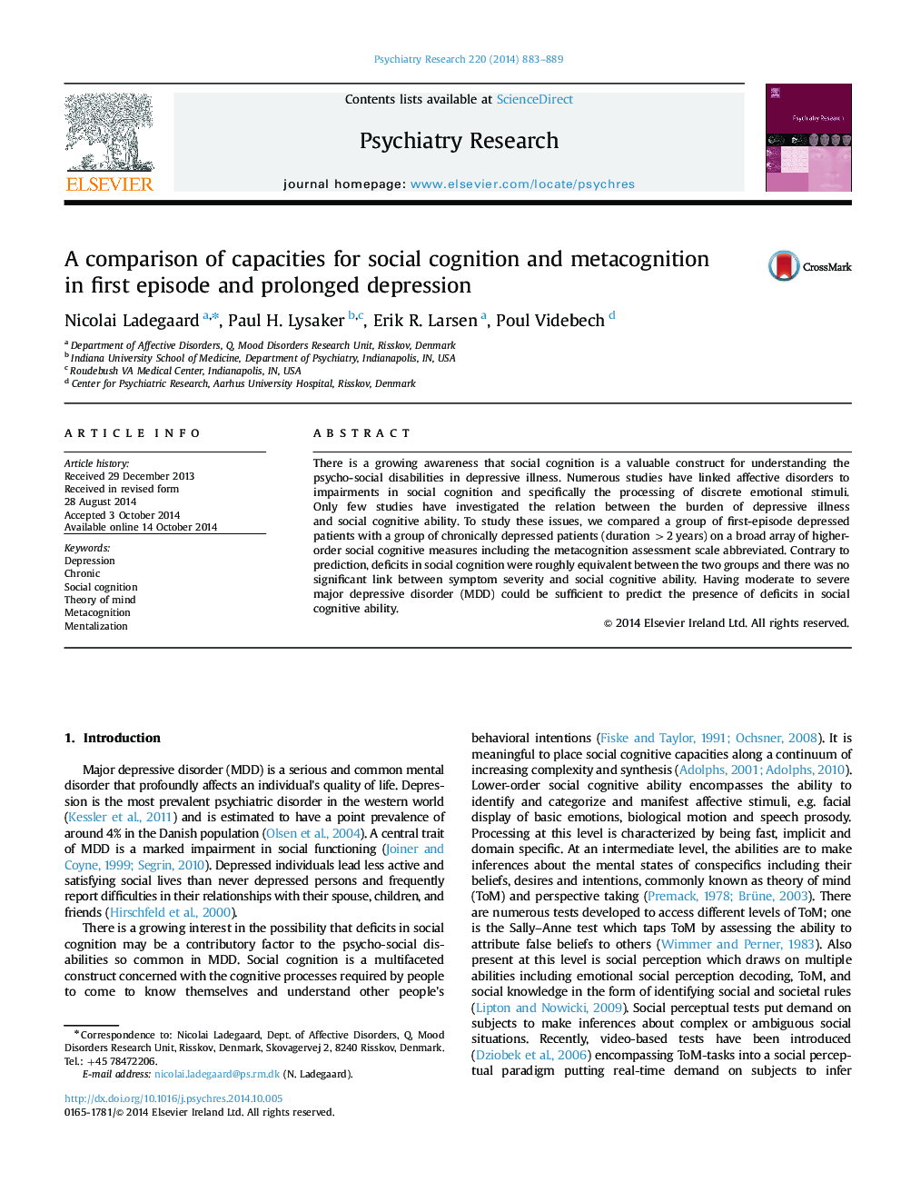 A comparison of capacities for social cognition and metacognition in first episode and prolonged depression