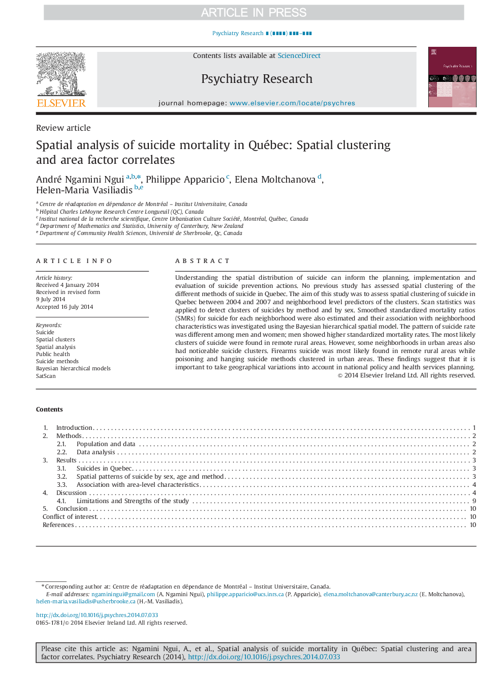 Spatial analysis of suicide mortality in Québec: Spatial clustering and area factor correlates