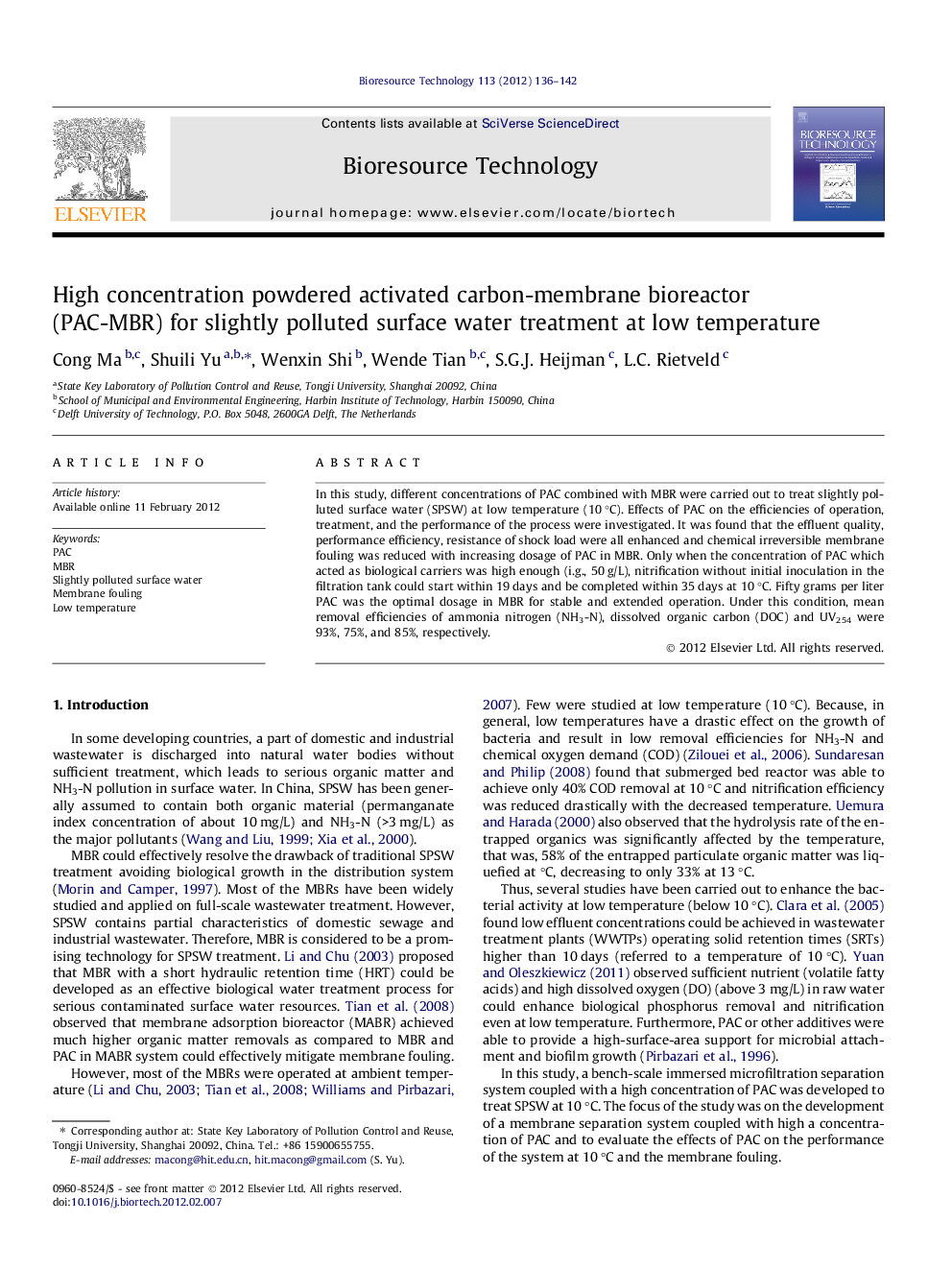 High concentration powdered activated carbon-membrane bioreactor (PAC-MBR) for slightly polluted surface water treatment at low temperature