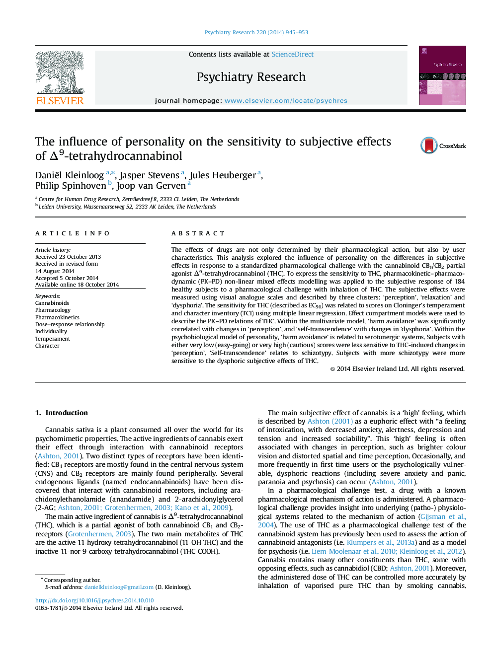 The influence of personality on the sensitivity to subjective effects of Î9-tetrahydrocannabinol