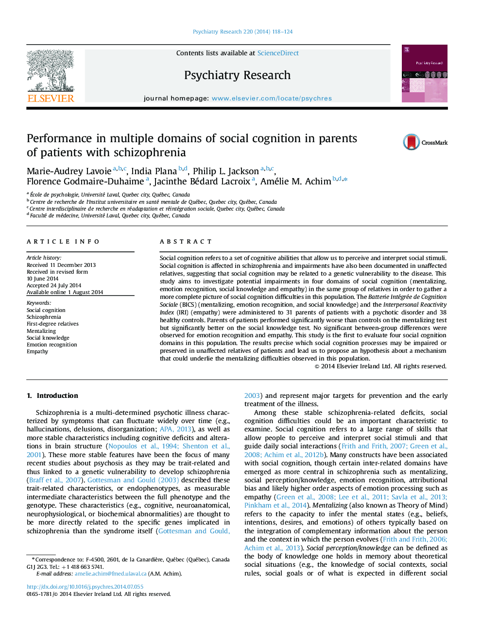 Performance in multiple domains of social cognition in parents of patients with schizophrenia