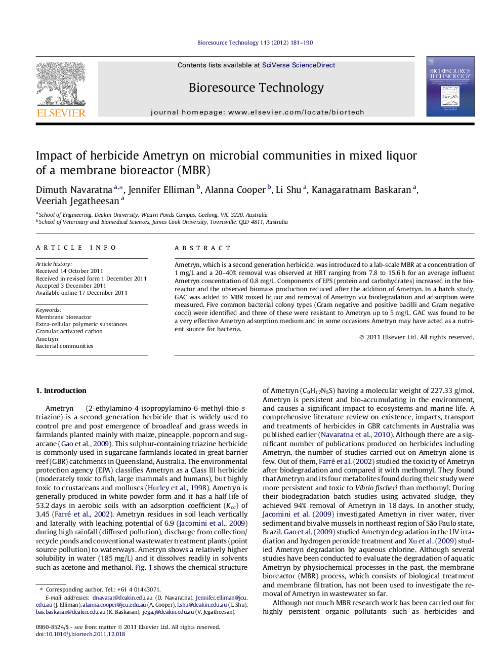 Impact of herbicide Ametryn on microbial communities in mixed liquor of a membrane bioreactor (MBR)