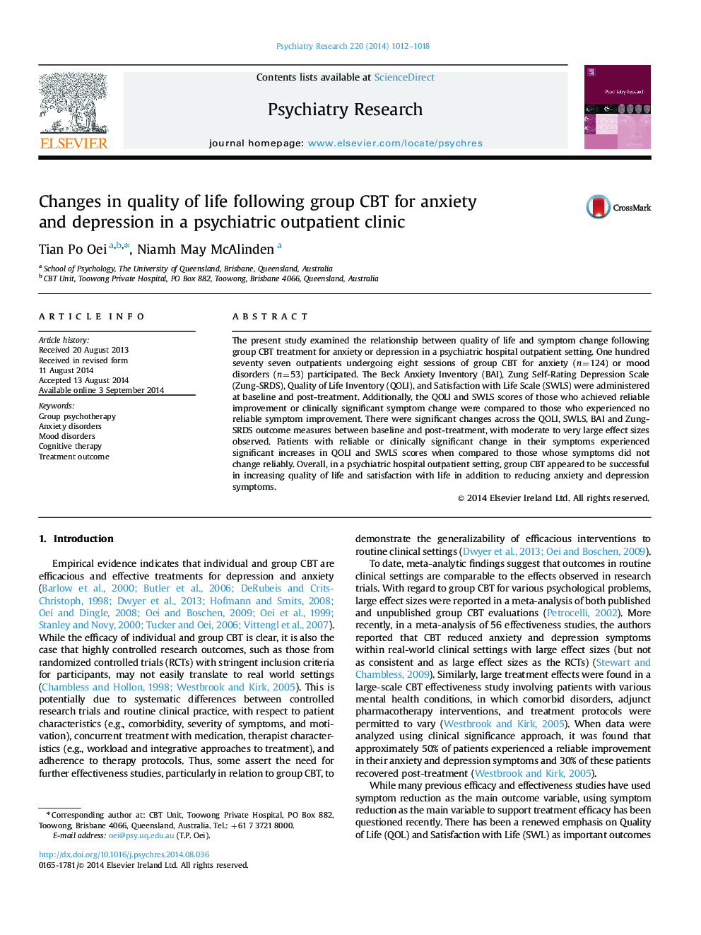 Changes in quality of life following group CBT for anxiety and depression in a psychiatric outpatient clinic