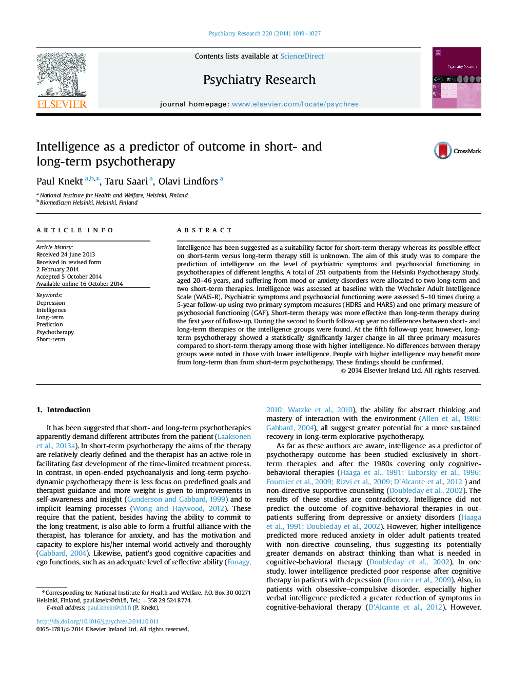 Intelligence as a predictor of outcome in short- and long-term psychotherapy