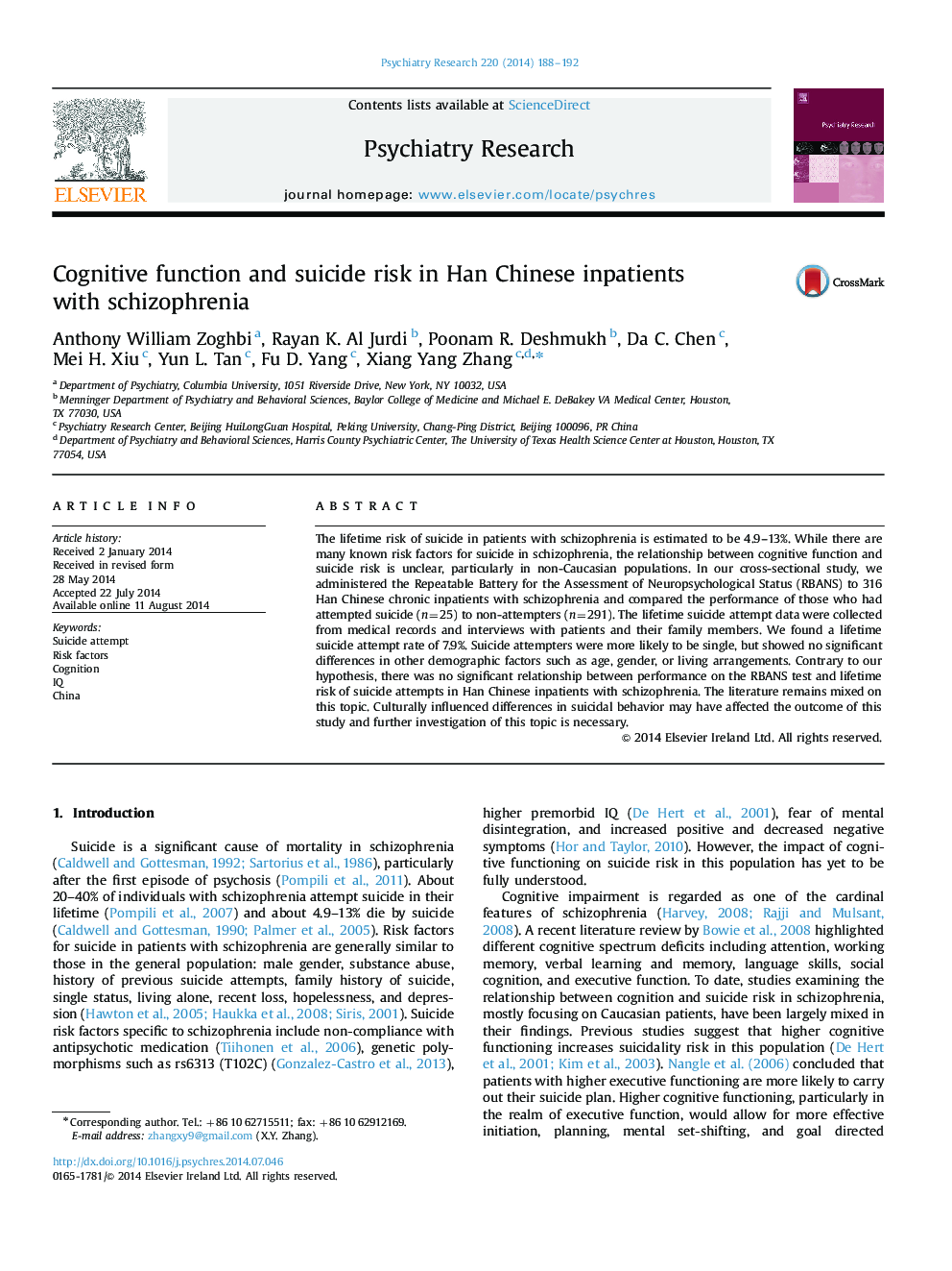 Cognitive function and suicide risk in Han Chinese inpatients with schizophrenia