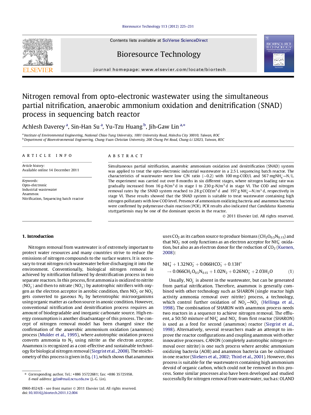 Nitrogen removal from opto-electronic wastewater using the simultaneous partial nitrification, anaerobic ammonium oxidation and denitrification (SNAD) process in sequencing batch reactor