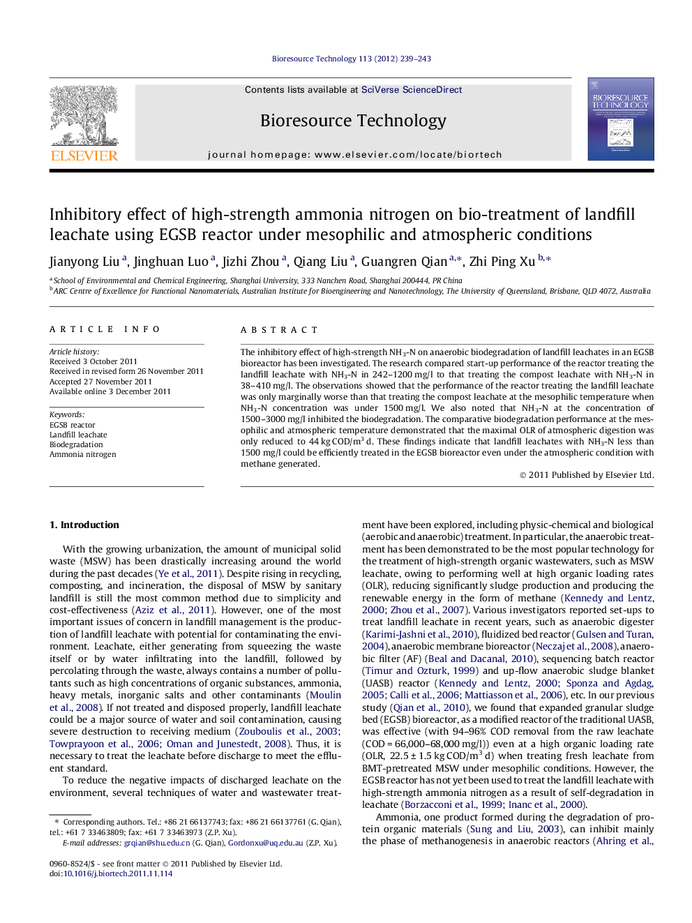 Inhibitory effect of high-strength ammonia nitrogen on bio-treatment of landfill leachate using EGSB reactor under mesophilic and atmospheric conditions