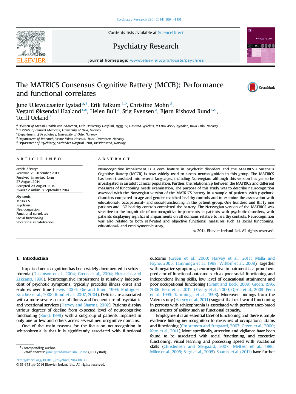 The MATRICS Consensus Cognitive Battery (MCCB): Performance and functional correlates