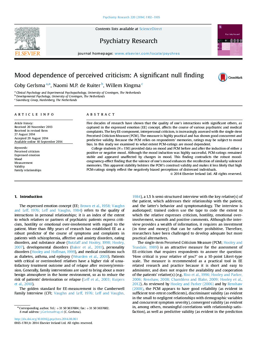 Mood dependence of perceived criticism: A significant null finding