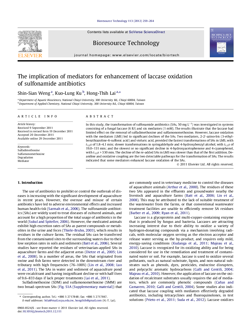 The implication of mediators for enhancement of laccase oxidation of sulfonamide antibiotics