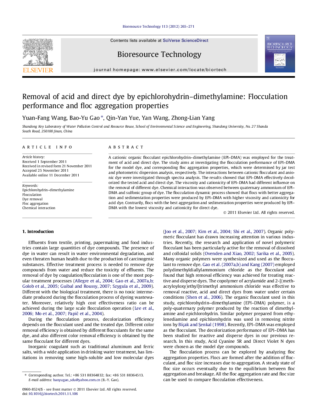 Removal of acid and direct dye by epichlorohydrin–dimethylamine: Flocculation performance and floc aggregation properties