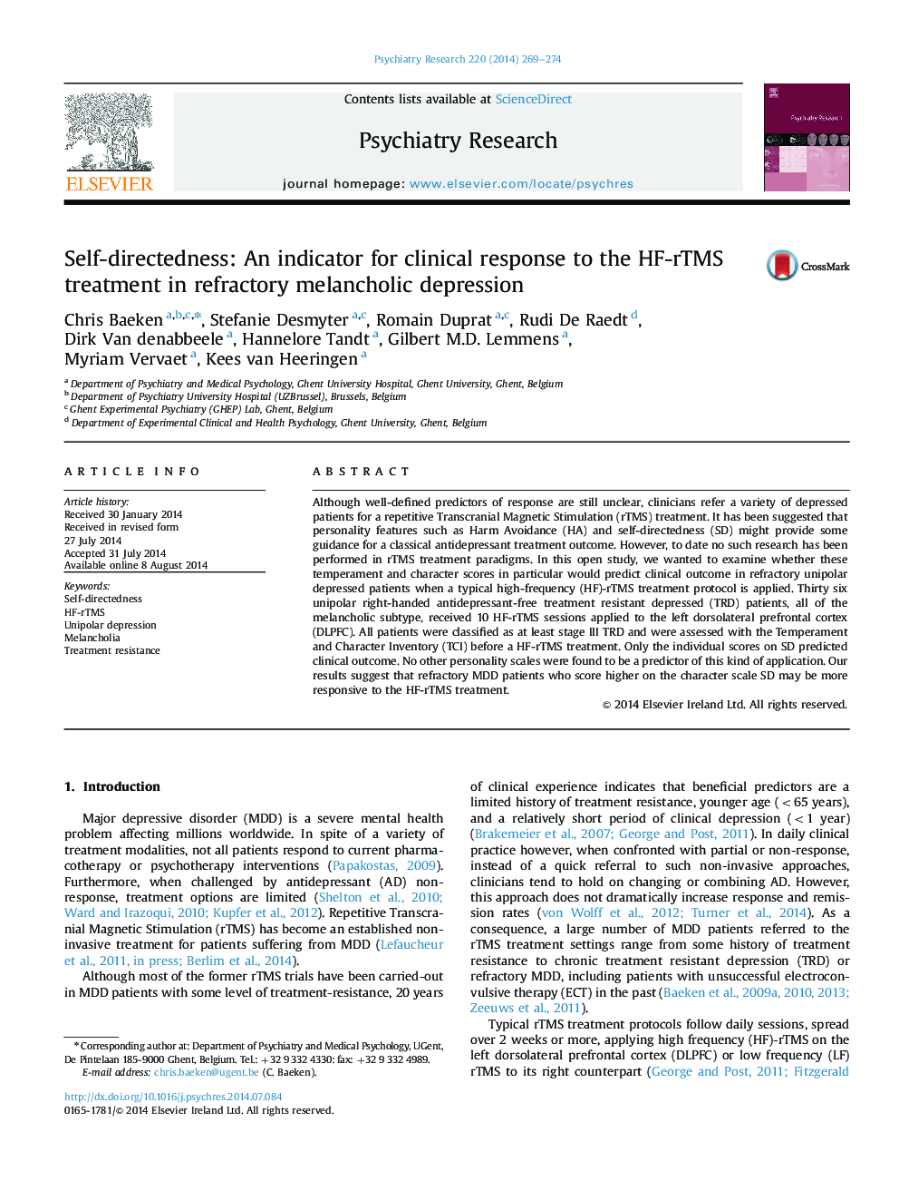 Self-directedness: An indicator for clinical response to the HF-rTMS treatment in refractory melancholic depression