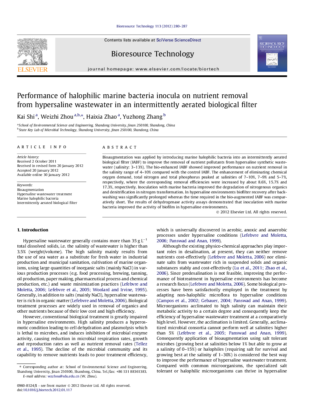 عکس صفحه اول مقاله: Performance of halophilic marine bacteria inocula on nutrient removal from hypersaline wastewater in an intermittently aerated biological filter Performance of halophilic marine bacteria inocula on nutrient removal from hypersaline wastewater in an intermittently aerated biological filter