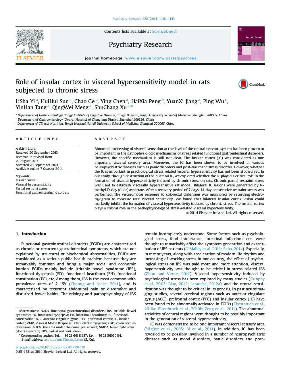 Role of insular cortex in visceral hypersensitivity model in rats subjected to chronic stress