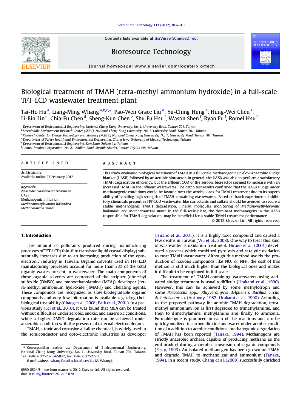 Biological treatment of TMAH (tetra-methyl ammonium hydroxide) in a full-scale TFT-LCD wastewater treatment plant