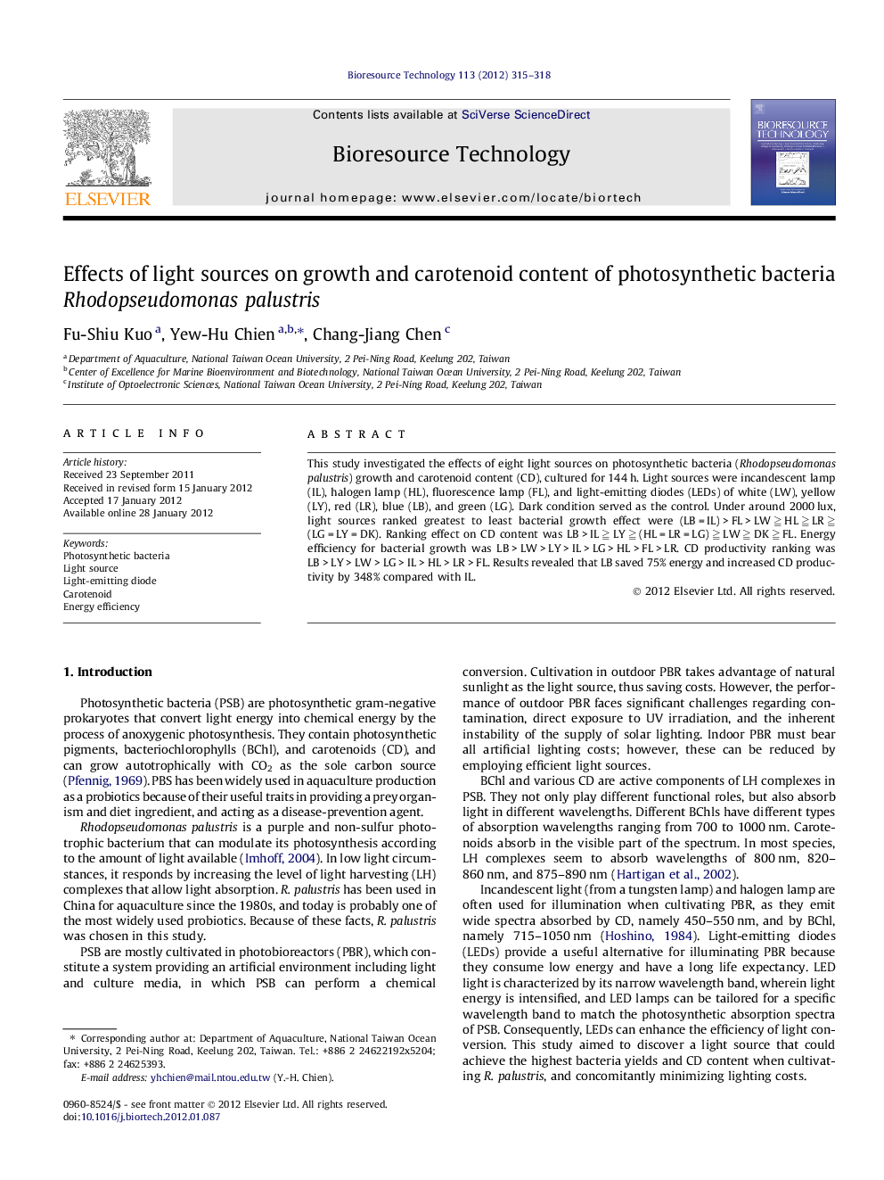 Effects of light sources on growth and carotenoid content of photosynthetic bacteria Rhodopseudomonas palustris