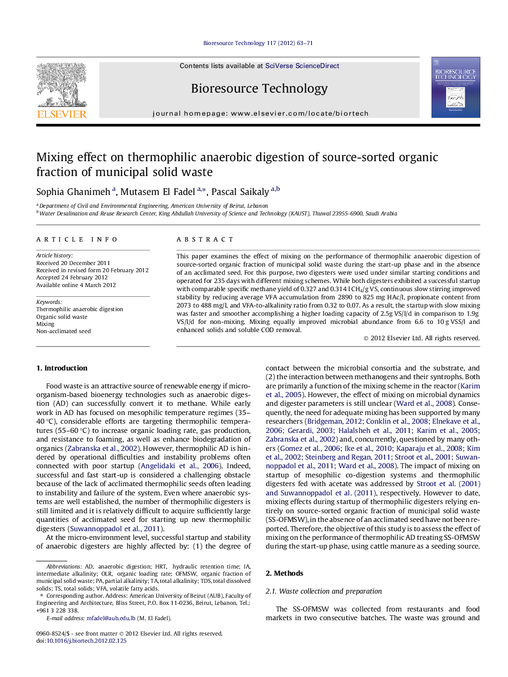 Mixing effect on thermophilic anaerobic digestion of source-sorted organic fraction of municipal solid waste