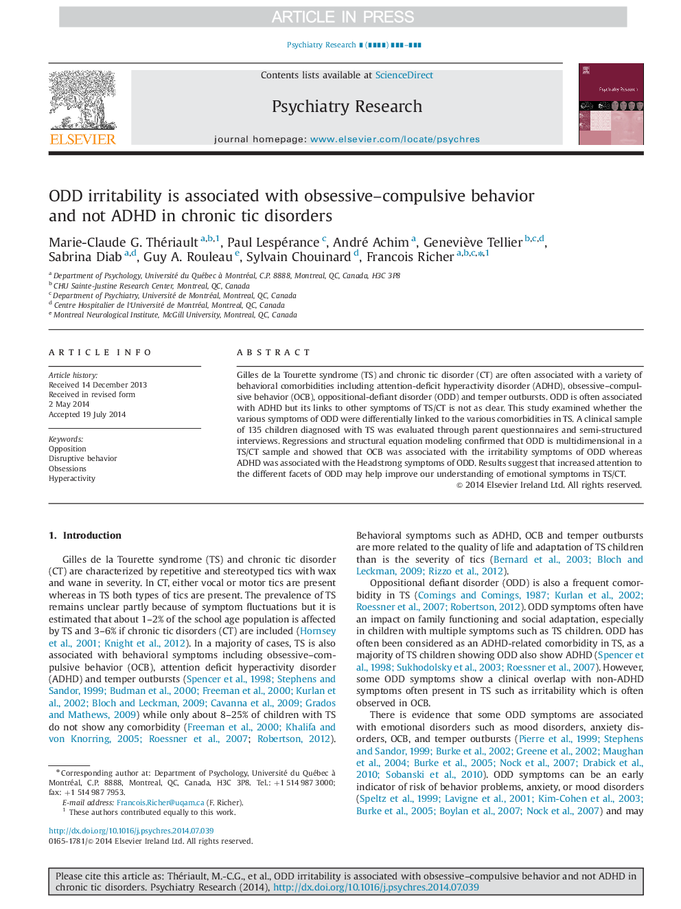 ODD irritability is associated with obsessive-compulsive behavior and not ADHD in chronic tic disorders