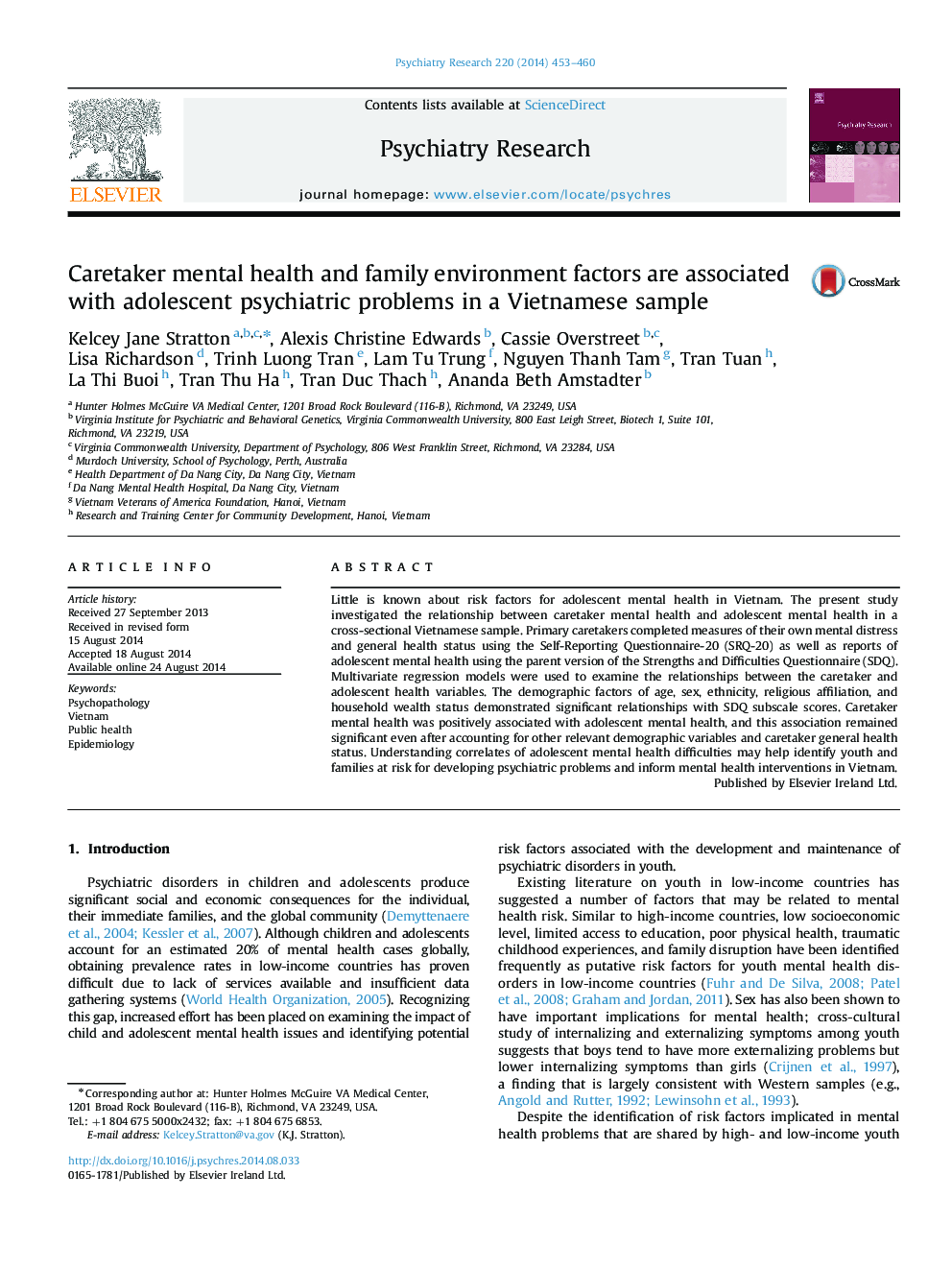 Caretaker mental health and family environment factors are associated with adolescent psychiatric problems in a Vietnamese sample