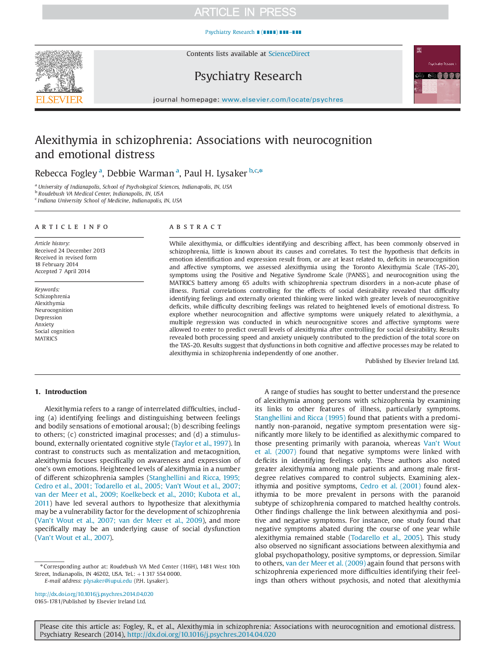 Alexithymia in schizophrenia: Associations with neurocognition and emotional distress