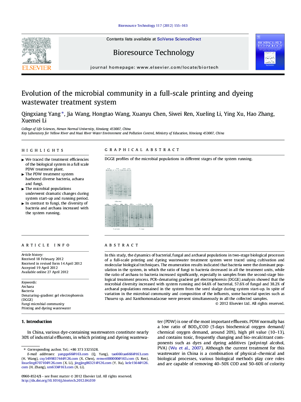 Evolution of the microbial community in a full-scale printing and dyeing wastewater treatment system