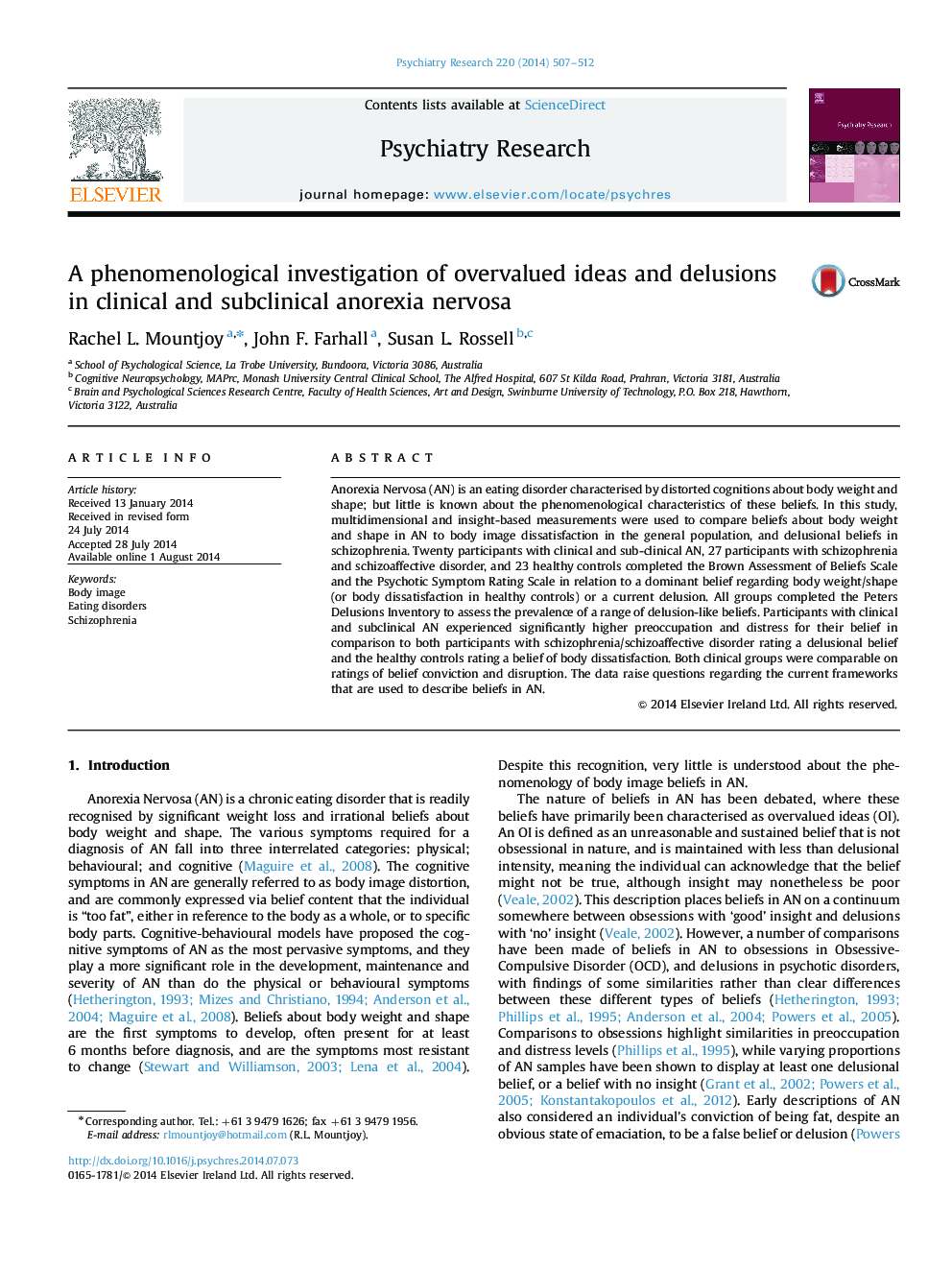 A phenomenological investigation of overvalued ideas and delusions in clinical and subclinical anorexia nervosa