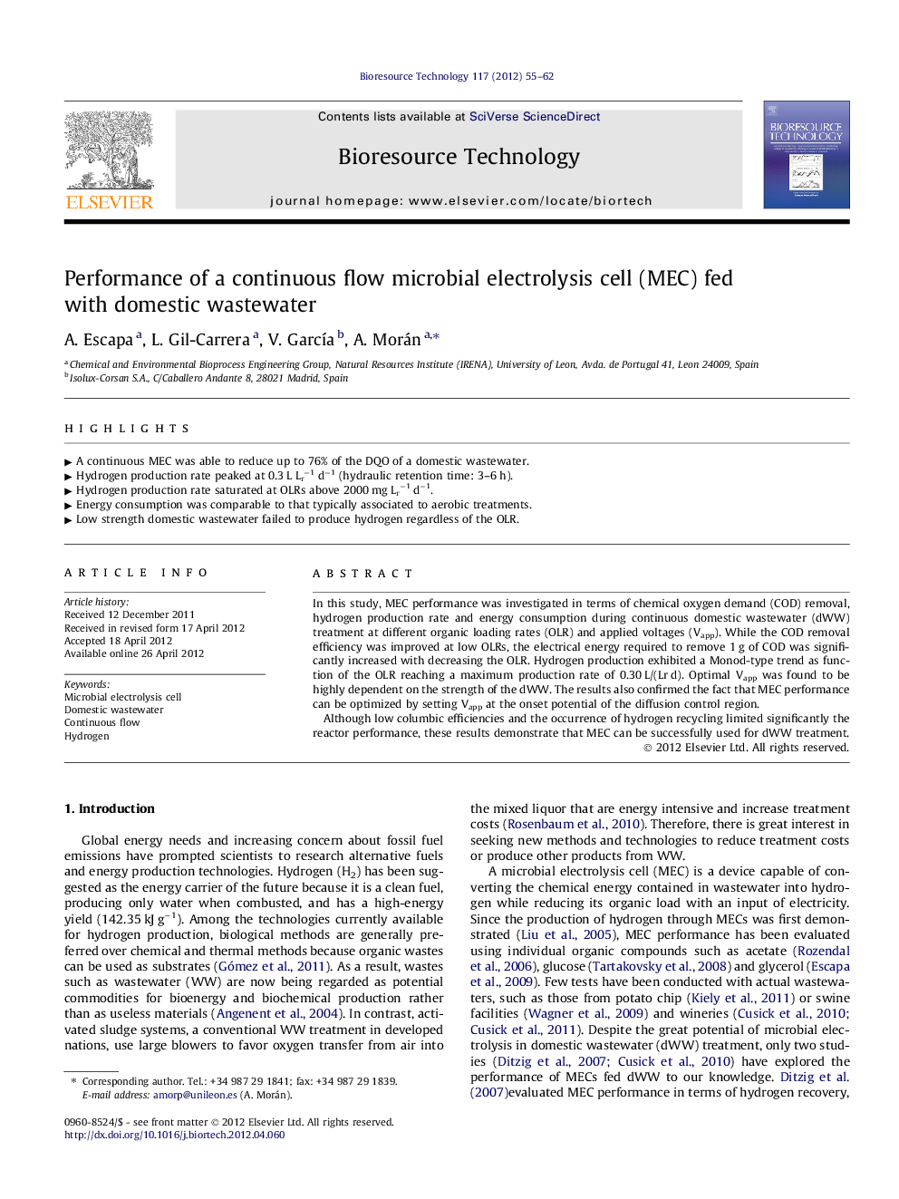 Performance of a continuous flow microbial electrolysis cell (MEC) fed with domestic wastewater