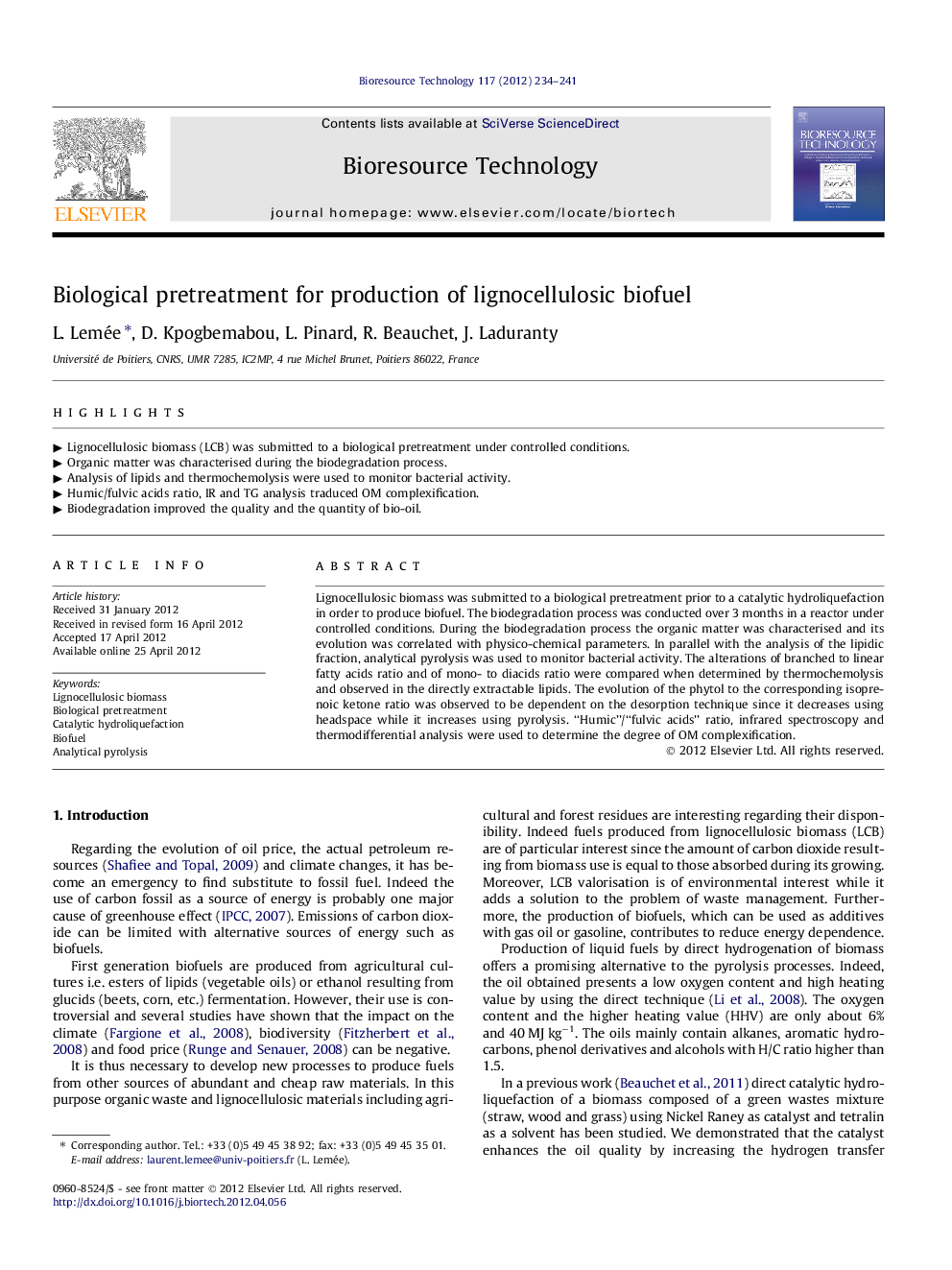 Biological pretreatment for production of lignocellulosic biofuel