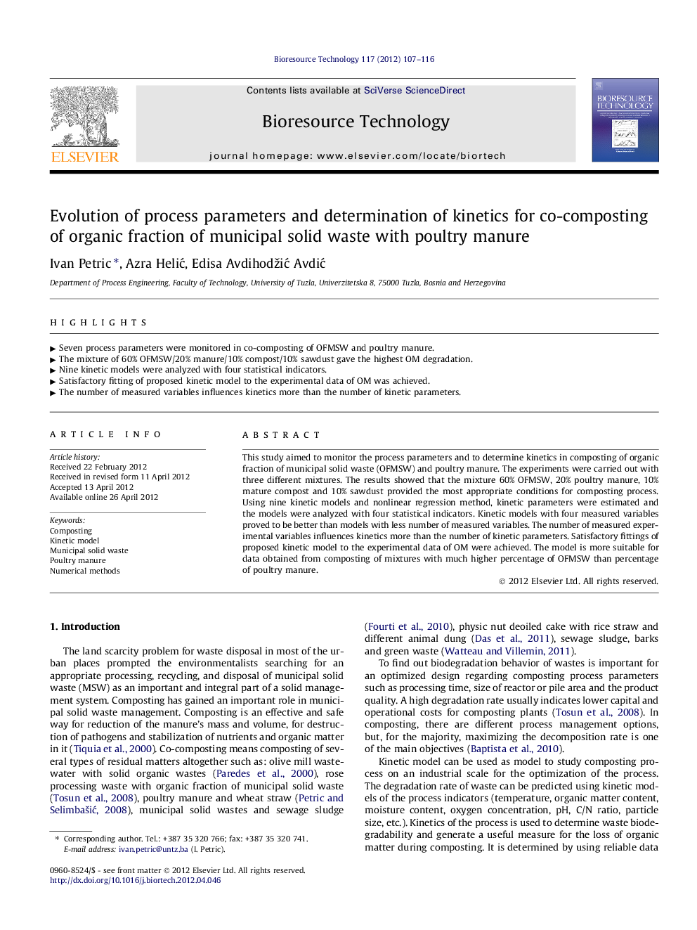 Evolution of process parameters and determination of kinetics for co-composting of organic fraction of municipal solid waste with poultry manure