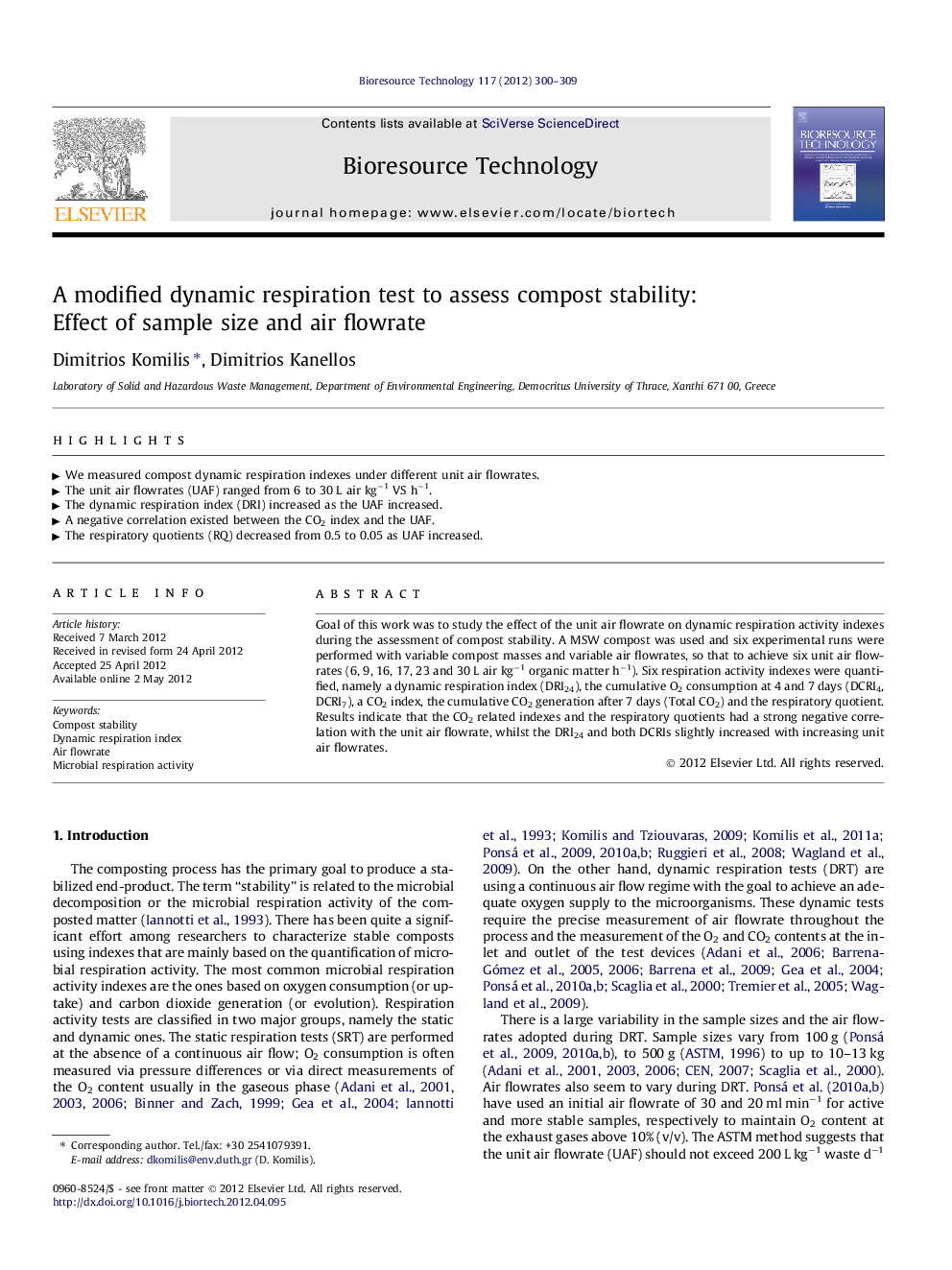 A modified dynamic respiration test to assess compost stability: Effect of sample size and air flowrate