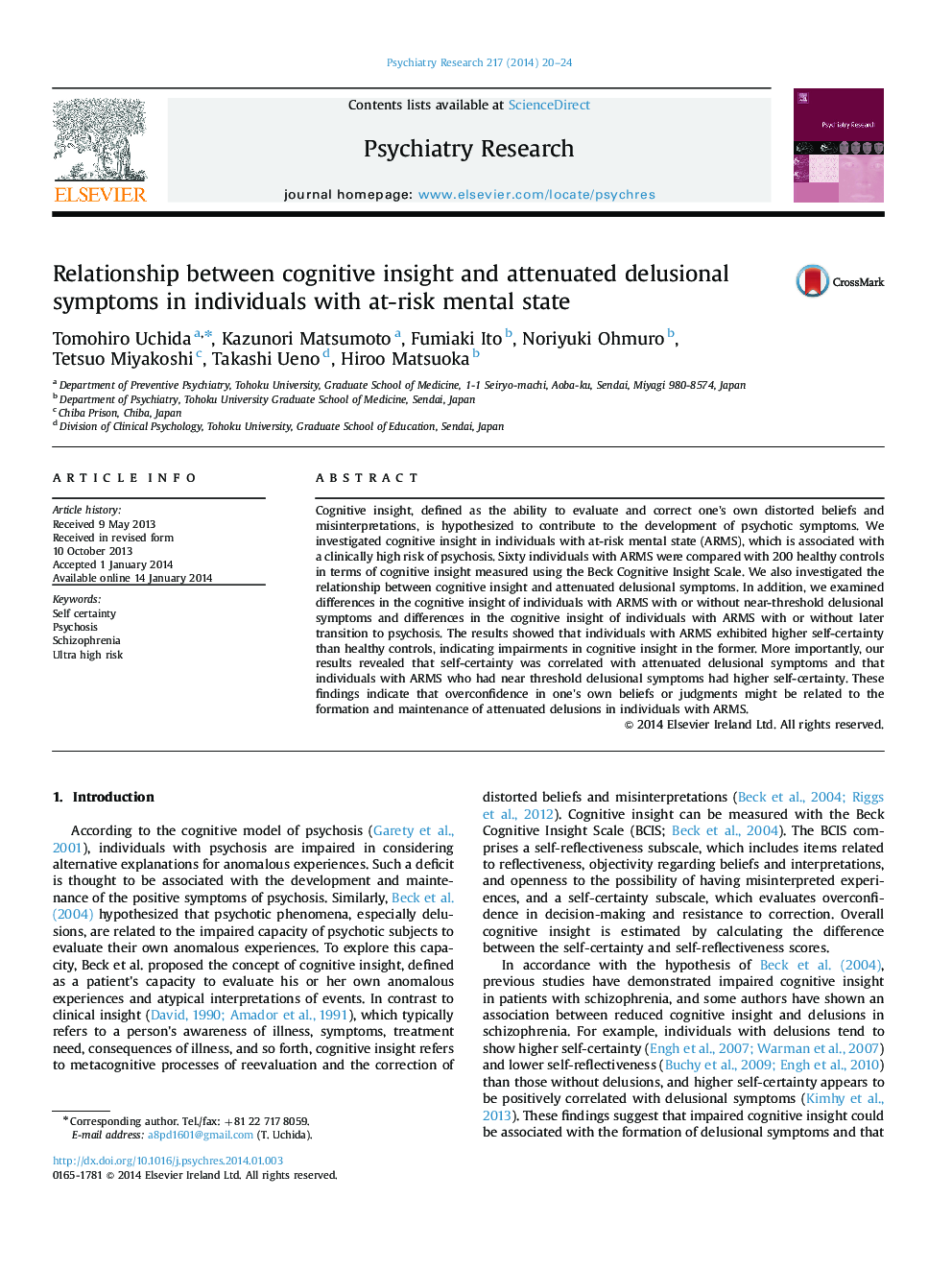 Relationship between cognitive insight and attenuated delusional symptoms in individuals with at-risk mental state